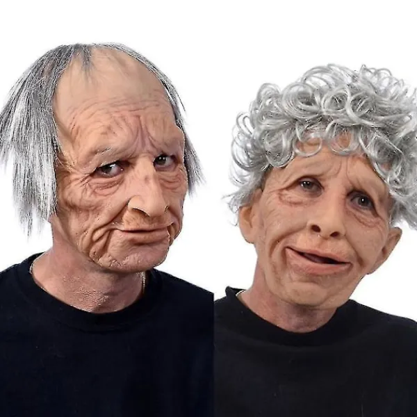 Roliga realistiska latexmasker för gammal man och kvinna med hår, Halloween cosplay, partykostym, gummimask, fest> Masker