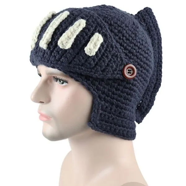 Romersk riddare stickad blå mössa vinter gladiator mask mössa handgjord stickad herrhatt> Huvudbonader
