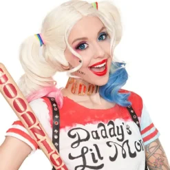 Serietidningar - Harley Quinn peruk i polyester (vuxen) Två tofsar: en rosa a-FA-> Peruker