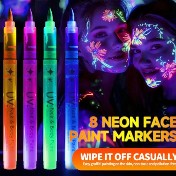 Set med 8 färger UV Neon Ansiktsfärg, Tvättbara Temporära Tatueringsmarkörer> Smink