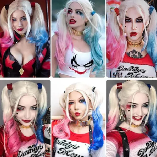 Shengruili Harley Quinn Peruk Kvinna Lång Cosplay Peruk Skurk Quinn Peruk Cosplay Peruk Blond Blå Rosa Karneval Halloween Karnevalsfester> Peruker