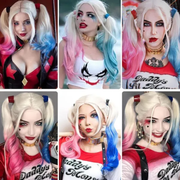 Shengruili Harley Quinn Peruk Kvinna Lång Cosplay Peruk Skurk Quinn Peruk Cosplay Peruk Blond Blå Rosa Karneval Halloween Karnevalsfester-FS-> Peruker