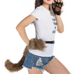 SJJYV Faux Fur Fox Tail Cat Werewolf Cosplay Set Plysch Mask Fluffiga Tassar Handskar Halloween Jul Svart> Tillbehör
