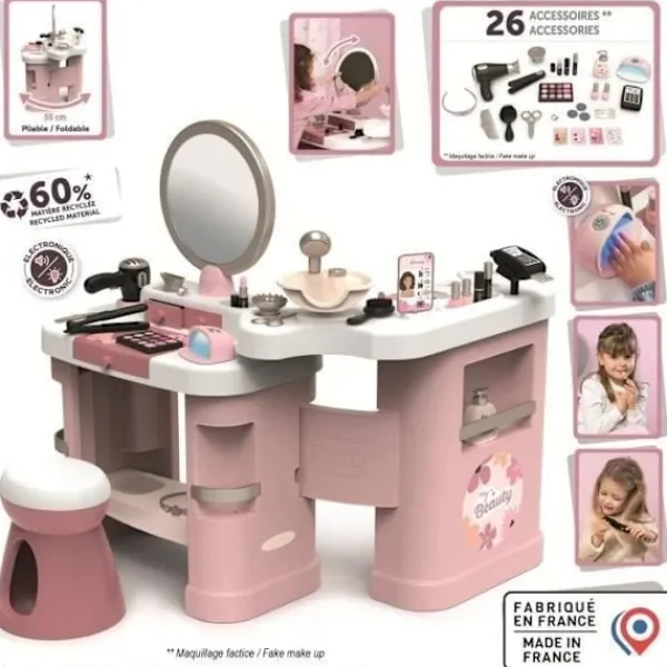 SMOBY - My Beauty Center - 3-i-1 skönhetssalong - Frisörsalong, nagelsalong, låtsasmink - 26 tillbehör - Från 3 år> Smink