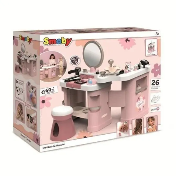 SMOBY - My Beauty Center - 3-i-1 skönhetssalong - Frisörsalong, nagelsalong, låtsasmink - 26 tillbehör - Från 3 år> Smink