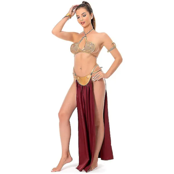 Star Wars Jedi Riddarens Återkomst Cosplay Kostym Prinsessan Leia Slav Uniform Dräkt Dam Sexig Golden Bikini Set för Halloween Karneval Fest M> Dräkter