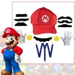 Super Mario Bros Cosplay rekvisita kupol bomull mössor handskar mustasch med hängslen Halloween fest Cosplay rekvisita><noscript><img width=