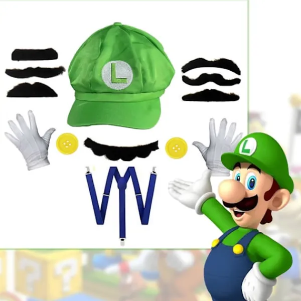 Super Mario Bros Cosplay rekvisita kupol bomull mössor handskar mustasch med hängslen Halloween fest Cosplay rekvisita> Tillbehör