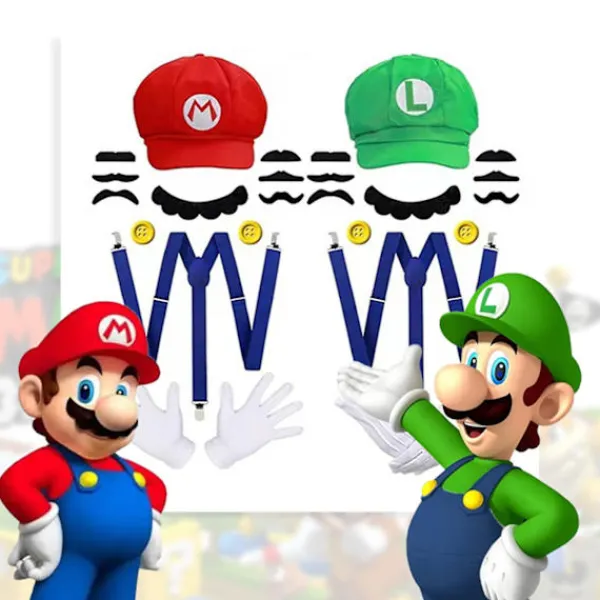 Super Mario Bros Cosplay rekvisita kupol bomull mössor handskar mustasch med hängslen Halloween fest Cosplay rekvisita> Tillbehör