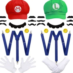 Super Mario Bros Mario och Luigi Hattar Kepsar Mustascher Handskar Knappar Cosplay Kostym-FS-> Tillbehör