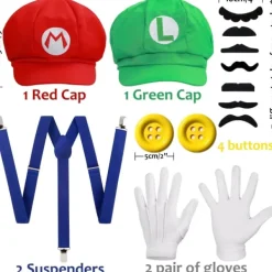 Super Mario Bros Mario och Luigi Hattar Kepsar Mustascher Handskar Knappar Cosplay Kostym> Tillbehör