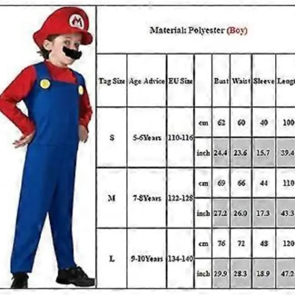 Super Mario Luigi Bros Cosplay Dräkt Kostym Herrar Kvinnor Barn Tonåringar Pojkar Flickor Rollspel (S Röd - Pojke)> Dräkter