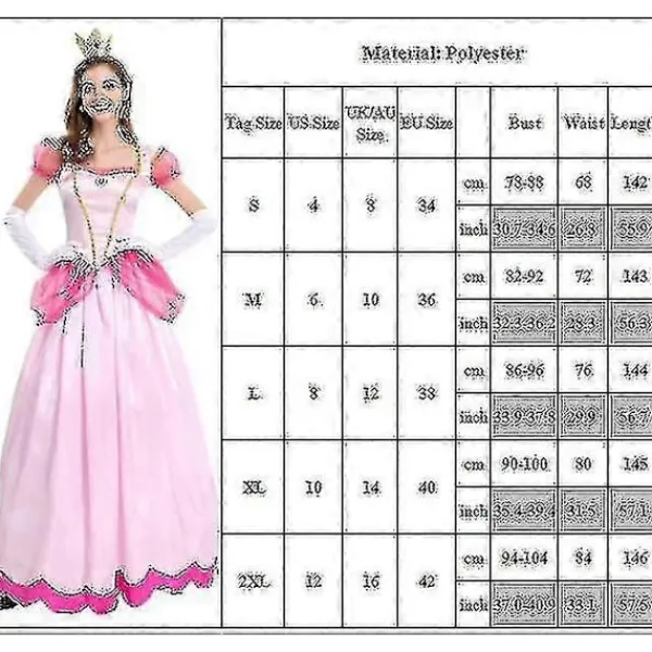 unbranded Super Mario Peach Cosplay Kostym för Kvinnor Rosa Prinsessklänning + Handskar + Huvudbonad Set Karnevalsfest XL> Dräkter