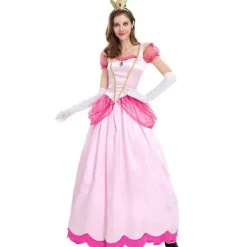 Super Mario Peach Cosplay Kostym Rosa Prinsessklänning + Handskar + Huvudbonad Outfit Set Karneval Party L> Dräkter