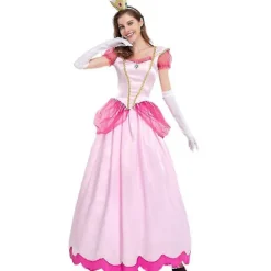 Super Mario Peach Cosplay Kostym Rosa Prinsessklänning + Handskar + Huvudbonad Outfit Set Karneval Party L> Dräkter