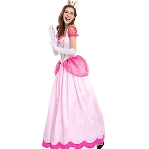 LAIQIANKUA Super Mario Princess Peach Deluxe Cosplay Cosplay Pink Princess Outfit för kvinnor Klä upp till Halloween Carnival Party Comic-con komplett set M> Dräkter