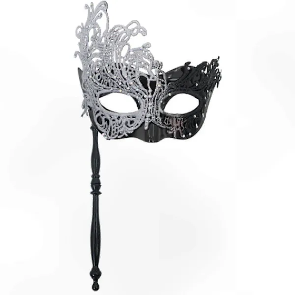 Svart Silver Maskeradmask för Kvinnor med Avtagbar Pinne, Mardi Gras Venetiansk Festmask, Halloween Cosplay Kostymtillbehör> Masker