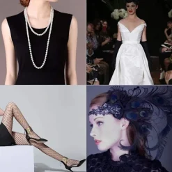 1920-talets accessoarer för kvinnor, Gatsby-accessoarer för kvinnor, set med 20-talstema, pannband, långa svarta handskar, halsband, örhängen, cosplay | Fyndiq><noscript><img width=