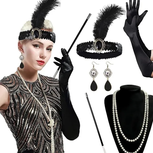 1920-tals accessoarer för kvinnor, Gatsby-accessoarer för kvinnor, set med 20-talstema, pannband, långa svarta handskar, halsband, örhängen, cosplay | Fyndiq> Tillbehör