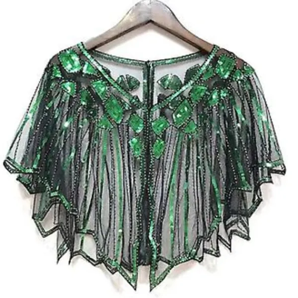 1920-tals Flapper Kostym Sjal Wraps Sekvens Pärlor Kvällskåpa Bröllopssjal Bolero 20-tals Vintage Fest Flapper Överdrag (Svart Grön)> Dräkter