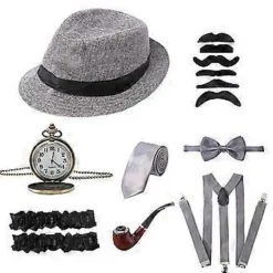 1920-tals Herr Gatsby Kostym Tillbehör Set Med Panama Gangster Hatt och Skägg> Tillbehör