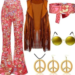 70-tals Hippie Party Retro Kostym Tofs Väst+byxor+halsduk Kostym Rosa-FA- XXL> Dräkter