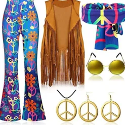 70-tals Hippie Party Retro Kostym Tofs Väst+Byxor+Sjal Kostym Hippie> Dräkter