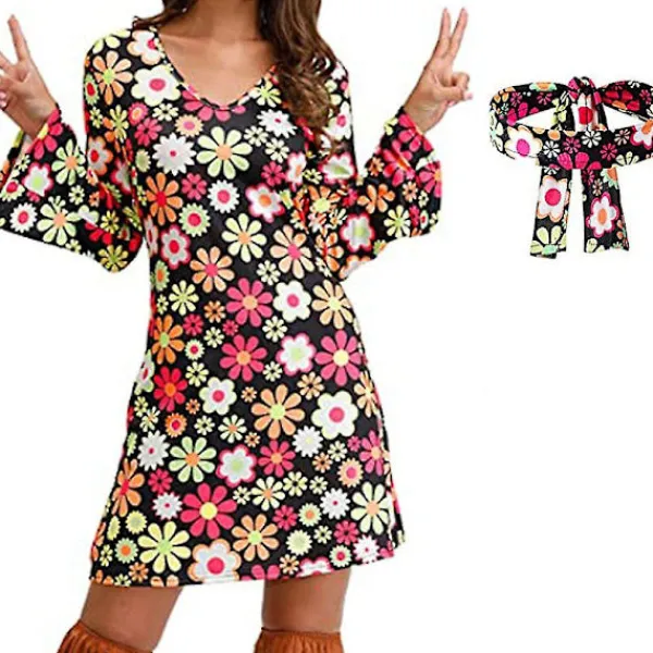 70-tals 80-tals Hippie Kostymset för Kvinnor Disco Outfit Pannband Klänning Cosplay Party Gåvor M> Dräkter