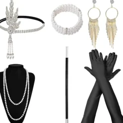 unbranded 1920-tals Tillbehör för Kvinnor, Gatsby Tillbehör Kvinnor Set Mode Rytande 20-tal Tema Set, 7 st. Hårband Långa Svarta Handskar Halsband Örhängen för Kvinnor | Fyndiq> Tillbehör