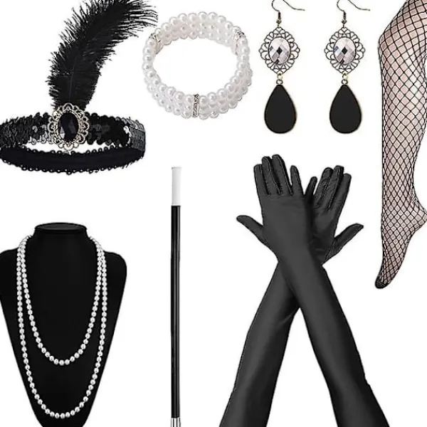 1920-talsaccessoarer för kvinnor, Gatsby-accessoarer kvinnoset Mode Vrålande 20-tals temaset, 7 st Pannband Långa Svarta Handskar Halsband Örhängen för Kvinnor | Fyndiq> Tillbehör