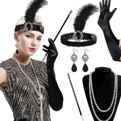 1920-talsaccessoarer för kvinnor, Gatsby-accessoarer kvinnoset Mode Vrålande 20-tals temaset, 7 st Pannband Långa Svarta Handskar Halsband Örhängen för Kvinnor | Fyndiq> Tillbehör