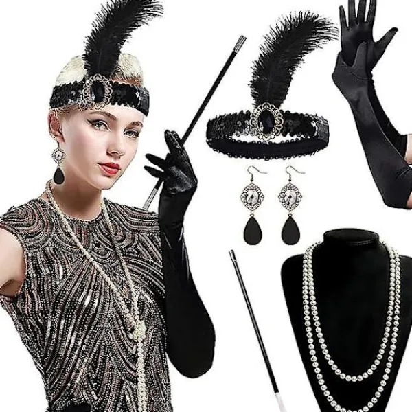 1920-talsaccessoarer för kvinnor, Gatsby-accessoarer kvinnoset Mode Vrålande 20-tals temaset, 7 st Pannband Långa Svarta Handskar Halsband Örhängen för Kvinnor | Fyndiq> Tillbehör