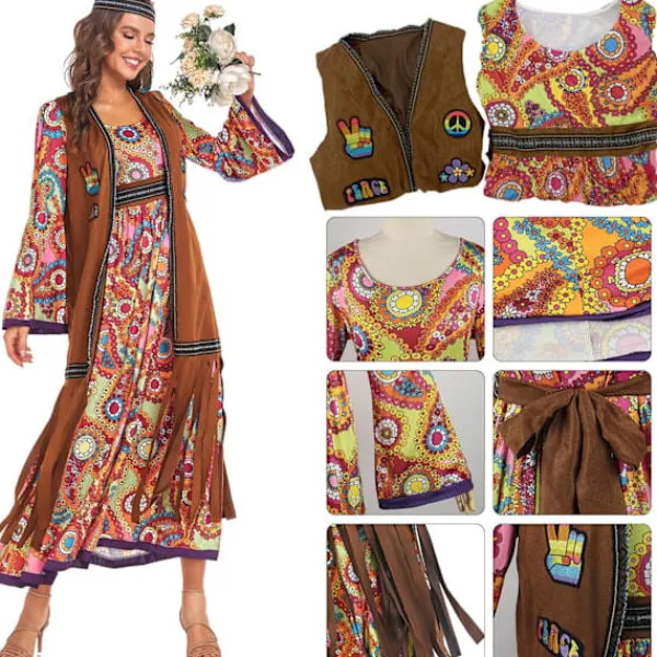 60-talsdräkt dam, hippie damklänningsset, 70-tals disco halloween-outfits, hippiekläder damdräkt, 60-tals klädtillbehör L> Dräkter