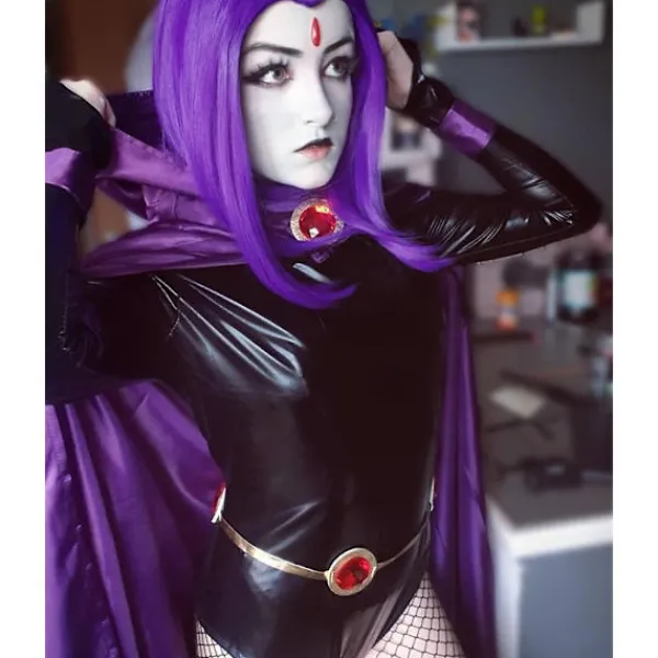 Teen Titans Raven Cosplay kostym Superhjältemantel Jumpsuits Zentai Halloween tighta kläder + Cape + midja smyckekedja L> Dräkter