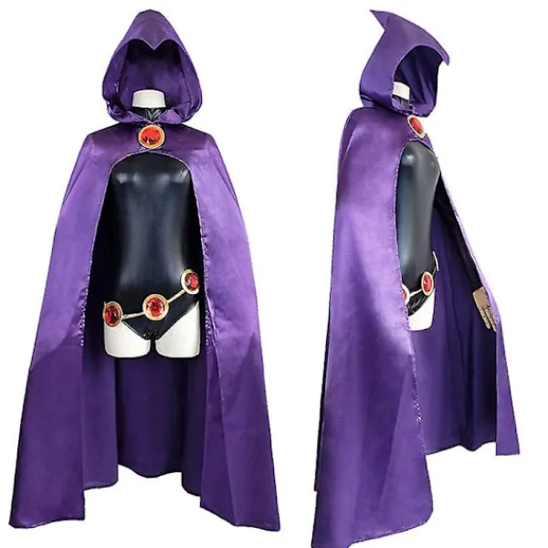 Teen Titans Raven Cosplay kostym Superhjältemantel Jumpsuits Zentai Halloween tighta kläder + Cape + midja smyckekedja L> Dräkter