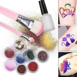 Temporär Glitter Tatuering Kit Kompatibelt med Barn, 24 Stora Glitterfärger Kroppsglitter Festival Party med 5 Penslar 2 Lim> Smink