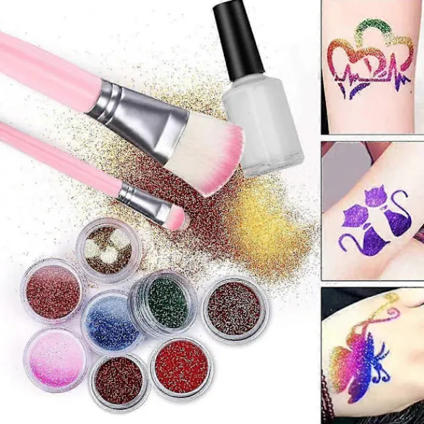 Temporär Glitter Tatuering Kit Kompatibelt med Barn, 24 Stora Glitterfärger Kroppsglitter Festival Party med 5 Penslar 2 Lim> Smink