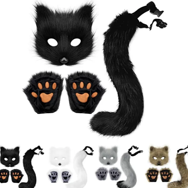 Therian Tassar Pälsmask & Svans Set Flickig Kattmask Halloweenfest Kostym> Tillbehör