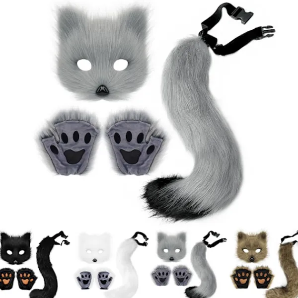 Therian Tassar Pälsmask & Svans Set Flickig Kattmask Halloweenfest Kostym> Tillbehör