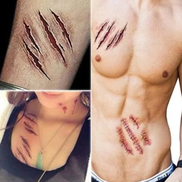 Tillfälliga Tatueringar (10 Ark) - Halloween Zombie Ärr Tatueringsdekaler med Falskt Sårblod Special E> Smink