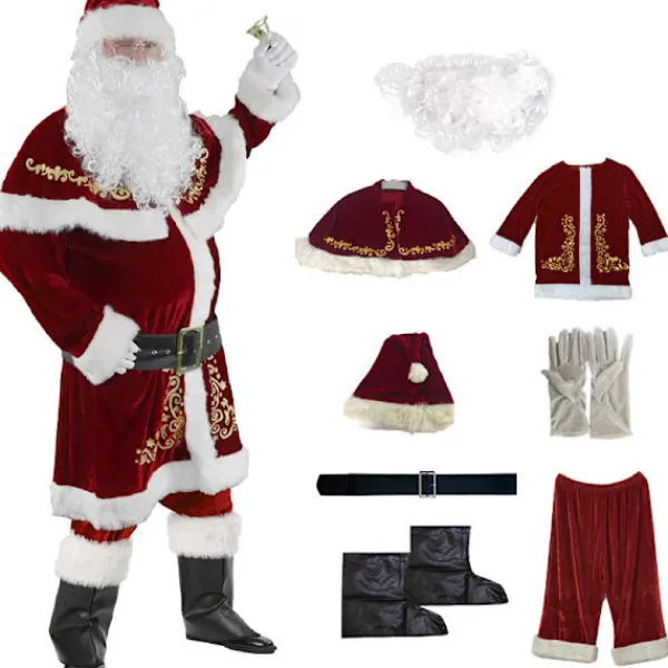 Tomtedräkt Vuxen Julkostym Röd Deluxe Sammet Fancy 8 delar Gåva-FX- 4XL> Dräkter
