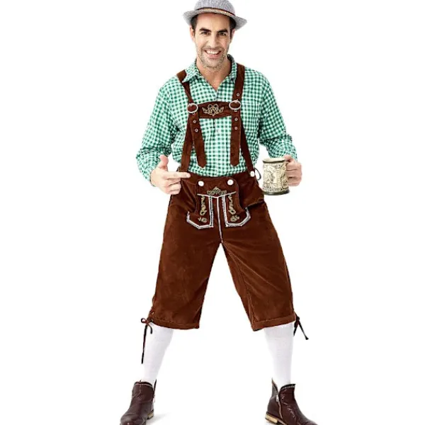 Tysk Oktoberfest Kostym Män | Rutig Skjorta med Broderade Hängslen & Hatt*Grå hatt*M Grå hatt _qcx M> Huvudbonader