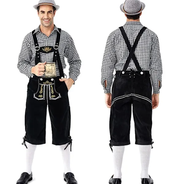Tysk Oktoberfest Kostym Män | Rutig Skjorta med Broderade Hängslen & Hatt*Grå hatt*M Grå hatt _qcx M> Huvudbonader