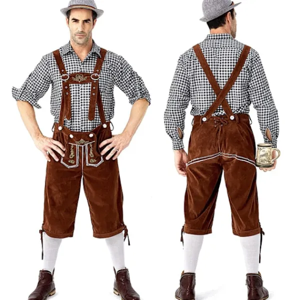 Tysk Oktoberfest Kostym Män | Rutig Skjorta med Broderade Hängslen & Hatt*Grå hatt*M Grå hatt _qcx M> Huvudbonader