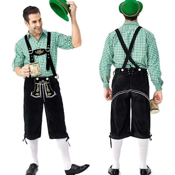 Tysk Oktoberfest Kostym Män | Rutig Skjorta med Broderade Hängslen & Hatt*Grå hatt*M Grå hatt _qcx M> Huvudbonader