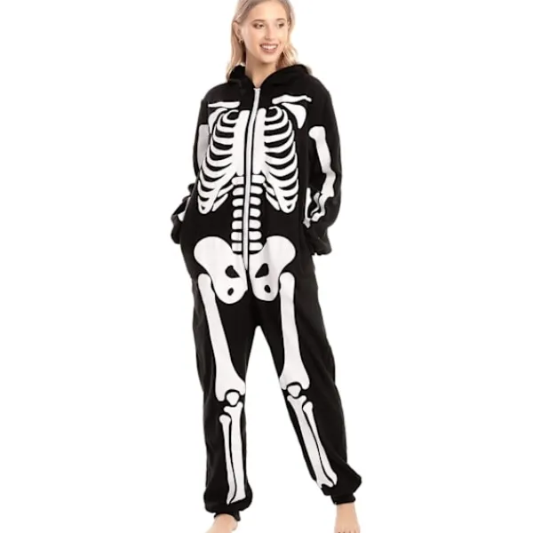 Unisex Skelett Onesie Pyjamas Plysch Skelett Jumpsuit Dragkedja Halloween Hoodie Pyjamas för Vuxna Sovkläder Kostym Svart L> Dräkter