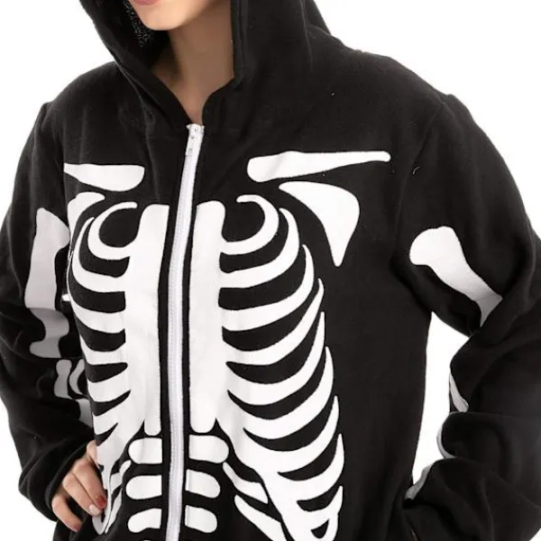 Unisex Skelett Onesie Pyjamas Plysch Skelett Jumpsuit Dragkedja Halloween Hoodie Pyjamas för Vuxna Sovkläder Kostym Svart L> Dräkter