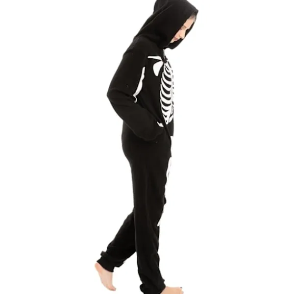 Unisex Skelett Onesie Pyjamas Plysch Skelett Jumpsuit Dragkedja Halloween Hoodie Pyjamas för Vuxna Sovkläder Kostym Svart L> Dräkter
