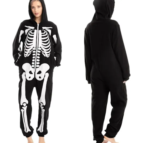 Unisex Skelett Onesie Pyjamas Plysch Skelett Jumpsuit Dragkedja Halloween Hoodie Pyjamas för Vuxna Sovkläder Kostym Svart L> Dräkter