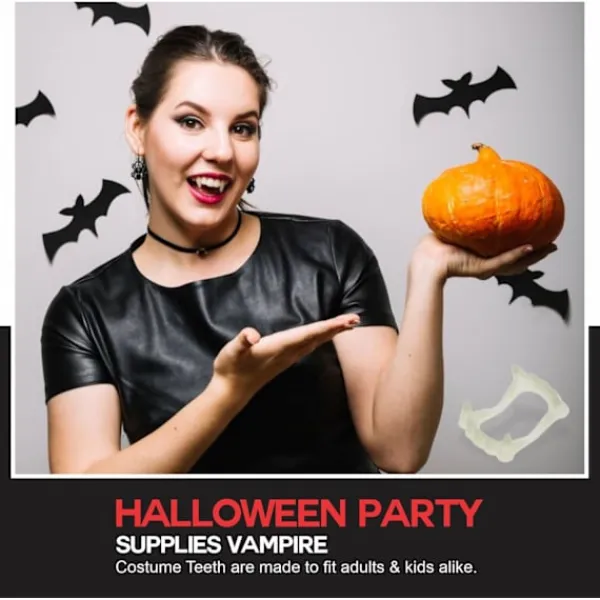 Vampyrtänder som lyser i mörkret, falska tänder för vuxna, Halloween-klädsel, lysande vampyr-tandställning, perfekt> Tillbehör
